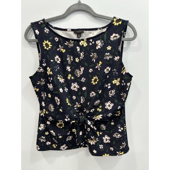 Ann Taylor Floral Sleeveless Top M Navy Tie Front Blouse Career Office Romantic - Picture 1 of 7